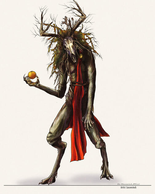 Illustration of a monstrous creature wearing a bright red robe. It stands on two digitigrade and has mottled brown and green skin. It has a mane of mixed plant matter, long antlers, and its head is the skull of an elk. It holds a orange in its right hand.