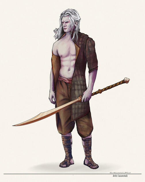 Illustration of a buff, male-bodied fantasy warrior with pale purple skin and thick white hair. He wears knee-high laced sandals, baggy pants, and a long coat worn open to expose half his chest. In his left hand, he holds a bronze-colored greatsword.